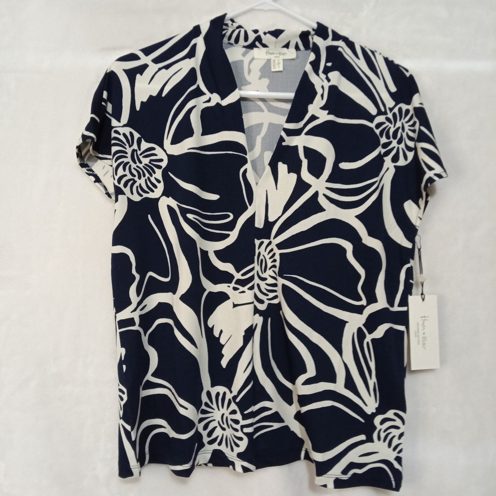 Haver & Blair London Navy Blue White Floral V-Neck Short Sleeve Top Small NWT